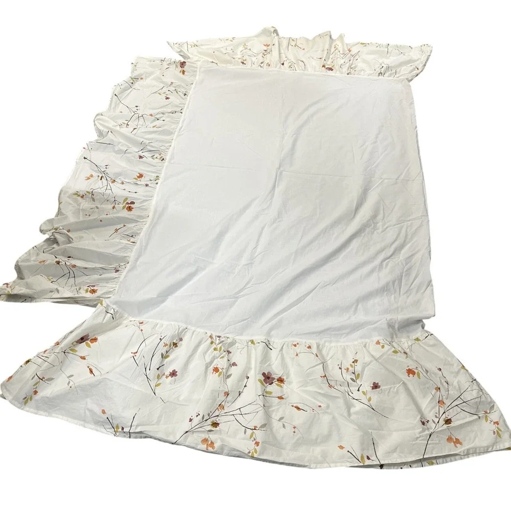 Crate & Barrel Queen Sakura Duvet & Bed Skirt Set White Earthy Botanical Print